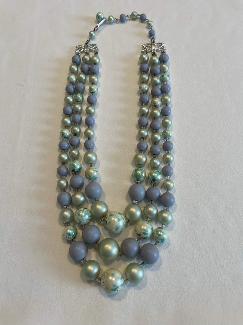 Vintage 3 Strand Chunky Bead Necklace Blue Green 1950s MCM Coastal Grandma